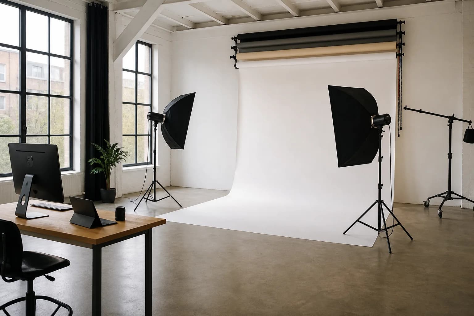 Photography bay with paper backdrops, continuous lights and a tethering station