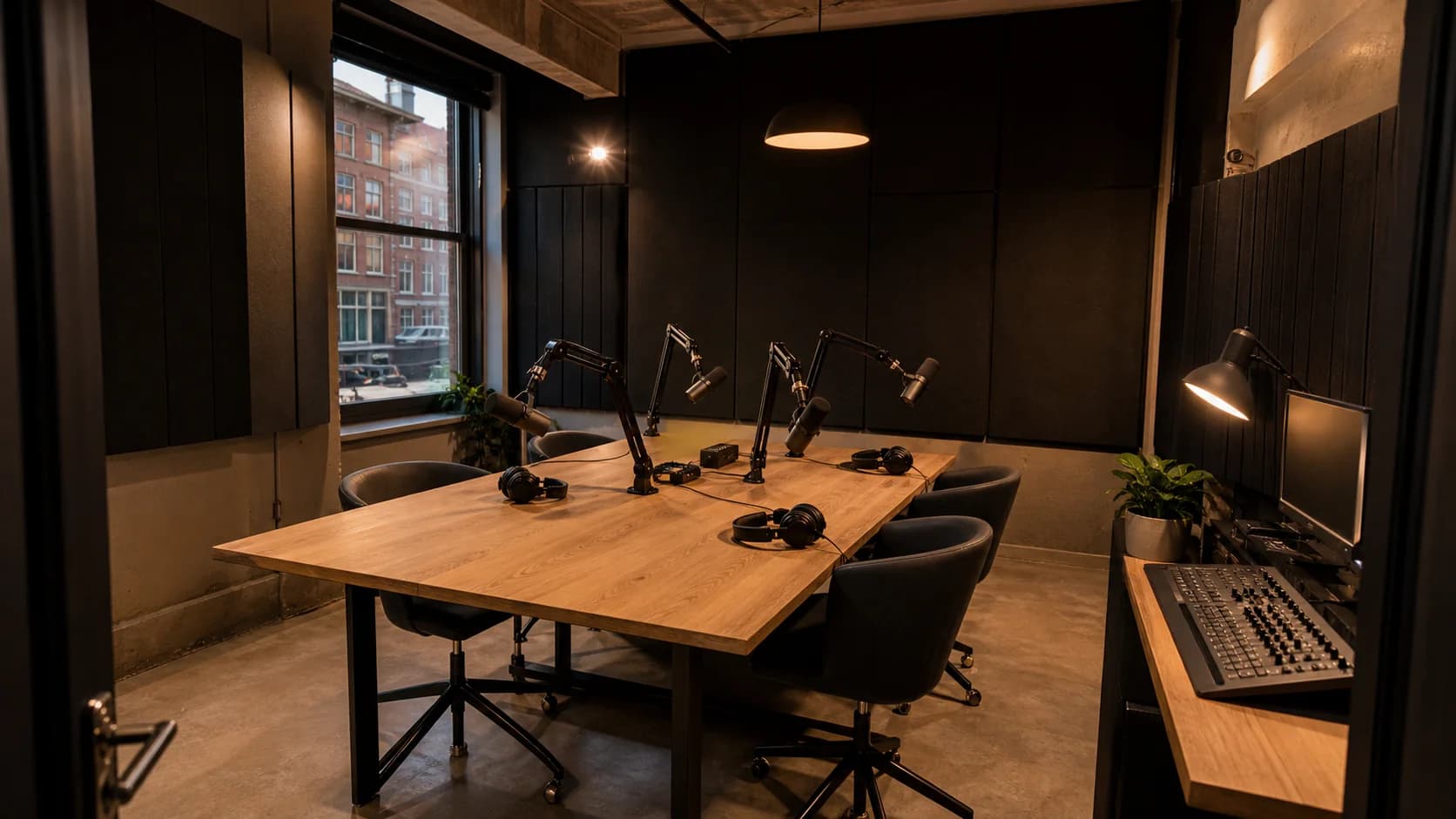 Podcast studio with four microphones, headphones, acoustic treatment and a producer desk