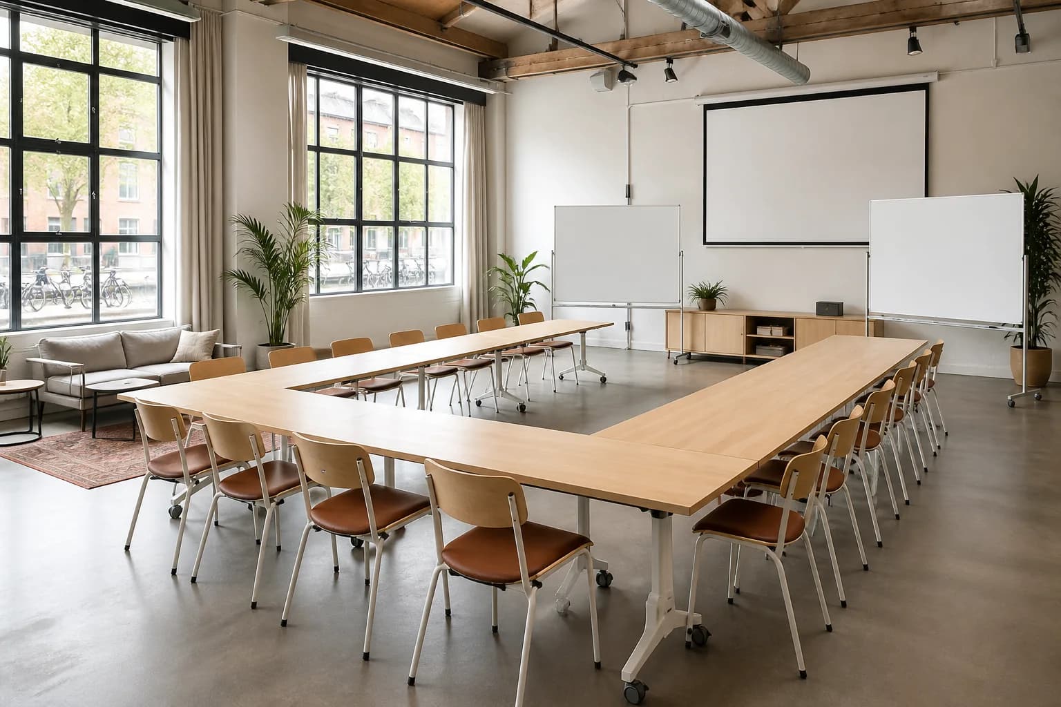 Bright workshop room with seating for sixteen, whiteboards and a presentation screen