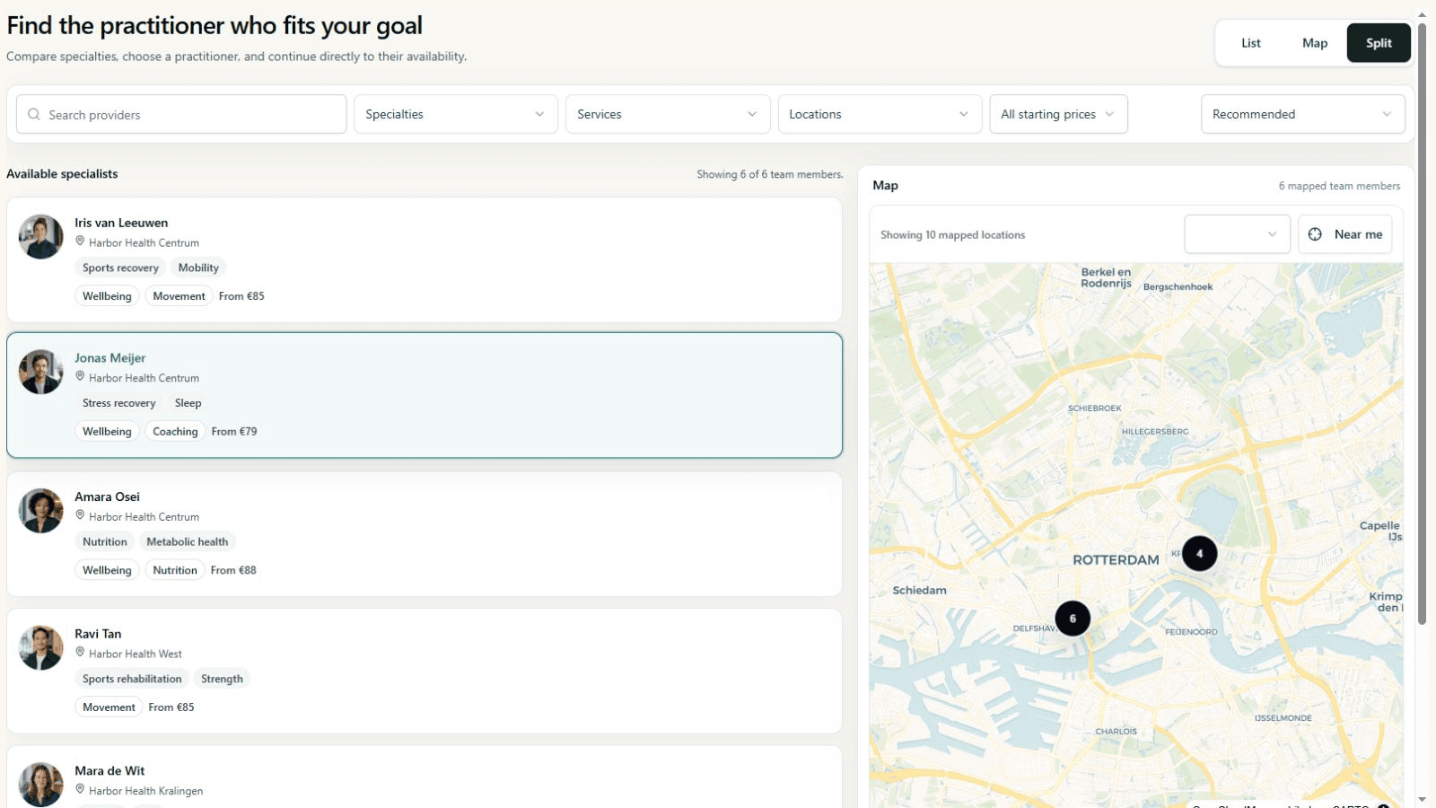 Harbor Health Collective provider directory with six practitioners, multiple filters, and a location map
