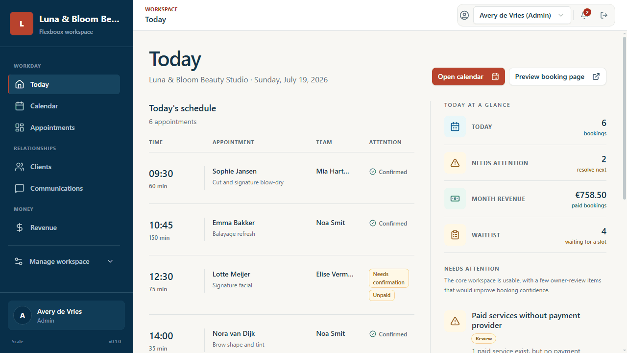 Representative Flexboox owner dashboard showing bookings, revenue, waitlist, and attention items