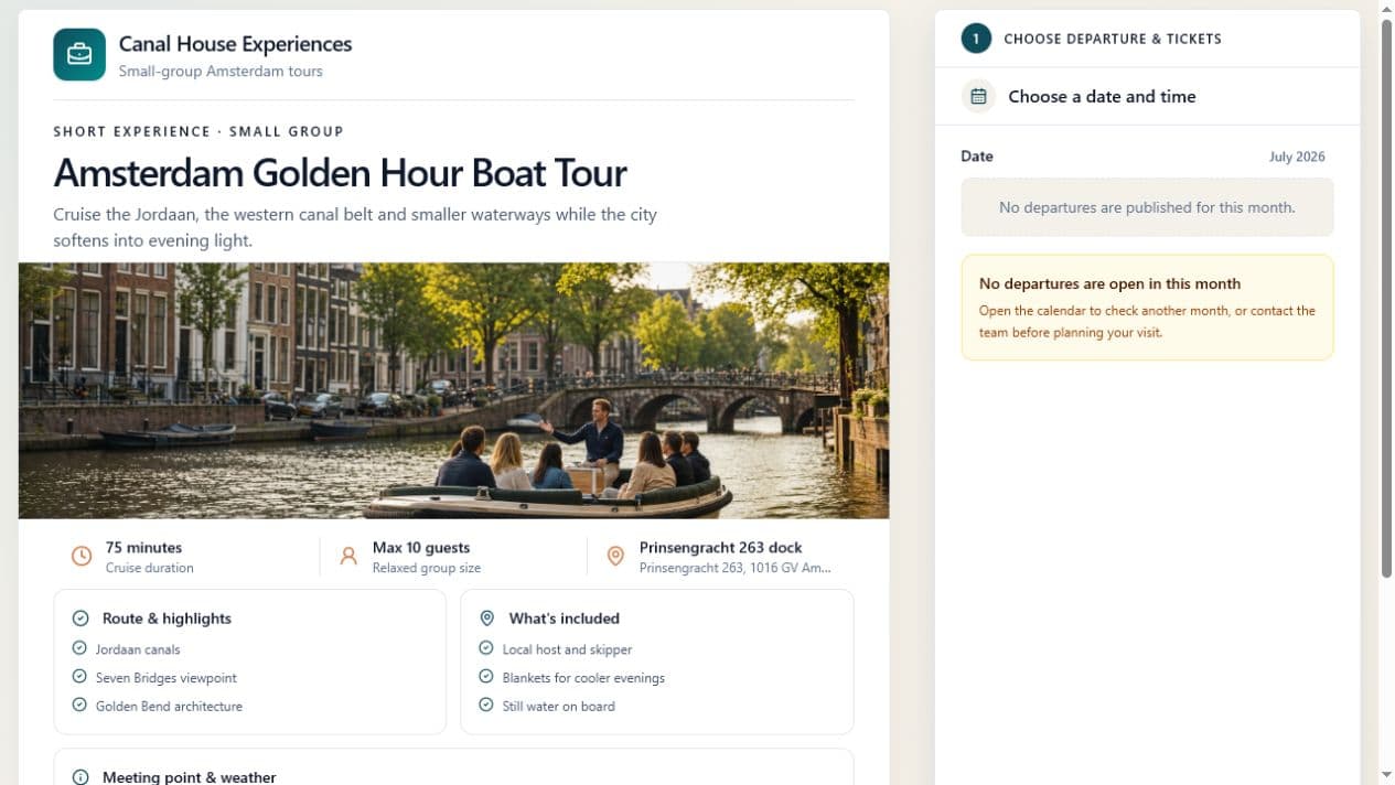 Canal House Experiences tour page with departure date, tickets, capacity, and total