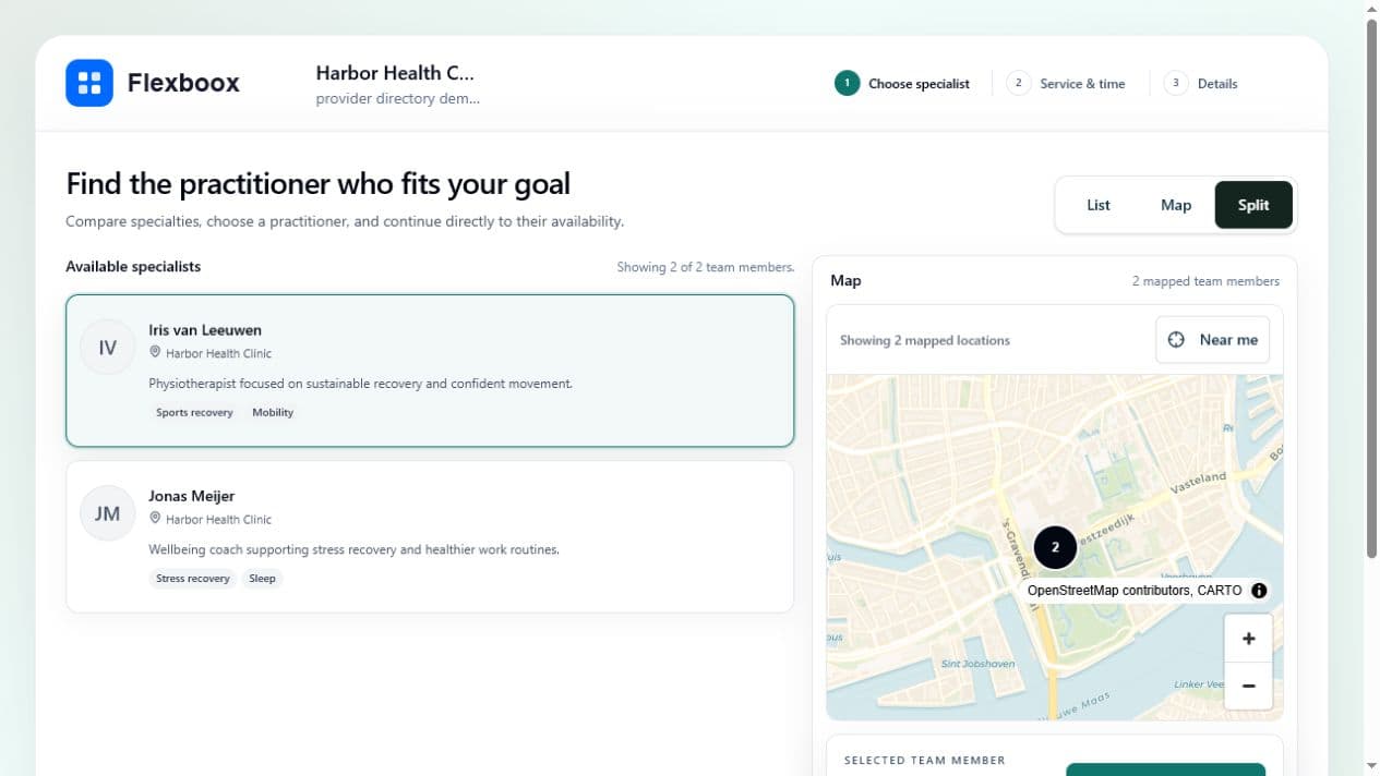Current Harbor Health provider directory showing specialist profiles beside a location map