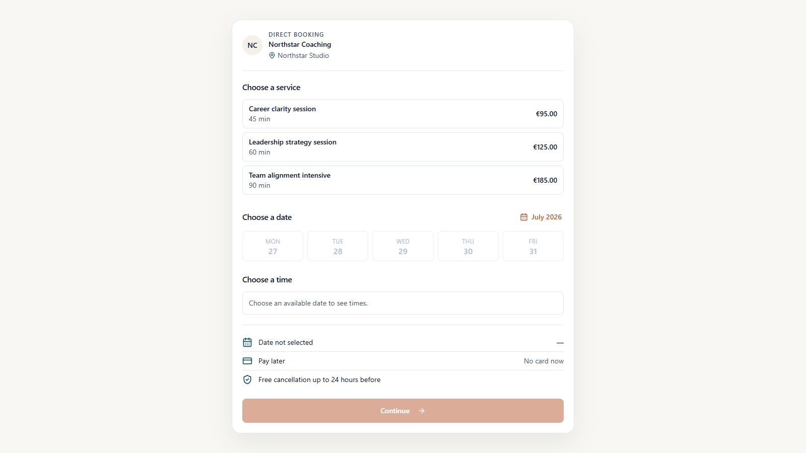 Northstar Coaching service-first example with three coaching services and a booking summary