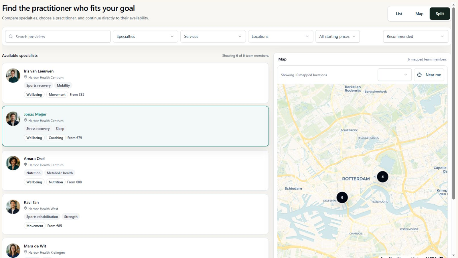 Harbor Health provider directory showing six specialist profiles, search and filter controls, pricing, and a location map